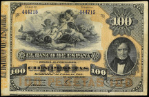Spanish Banknotes
100 Pesetas. 1 Enero 1884. Mendizábal. Pequeño resello privado en reverso. MUY ESCASO. Ed-284. MBC.