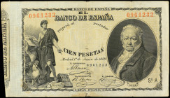 Spanish Banknotes
100 Pesetas. 1 Junio 1889. Goya. (Roturas y manchitas). MUY ESCASO. Ed-299. MBC.