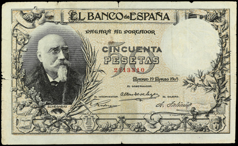 Spanish Banknotes
50 Pesetas. 19 Marzo 1905. Echegaray. (Roturas). MUY ESCASO. ...