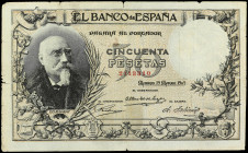Spanish Banknotes
50 Pesetas. 19 Marzo 1905. Echegaray. (Roturas). MUY ESCASO. Ed-312. MBC-.