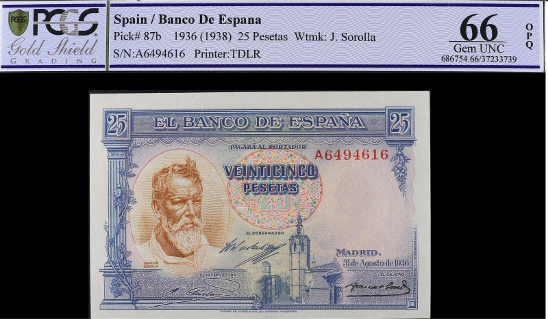 Spanish Banknotes
25 Pesetas. 31 Agosto 1936. Precintado y garantizado por PCGS...