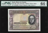 Spanish Banknotes
50 Pesetas. 22 Julio 1935. Precintado y garantizado por PMG como 64 CHOICE UNCIRCULATED EPQ (n. 88І4E1906012012G). Ramón y Cajal. S...