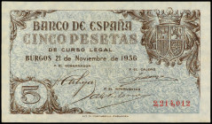 Spanish Banknotes
5 Pesetas. 21 Noviembre 1936. Ed-417. MBC+.