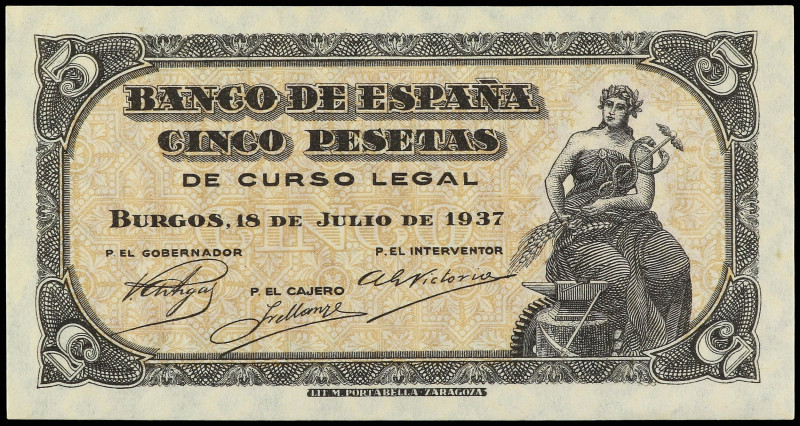 Spanish Banknotes
5 Pesetas. 18 Julio 1937. Portabella. Serie C. Ed-424a. SC.