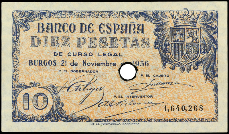 Spanish Banknotes
10 Pesetas. 21 Noviembre 1936. Con taladro central. (Esquinas...