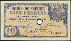 Spanish Banknotes
10 Pesetas. 21 Noviembre 1936. Con taladro central. (Esquinas algo redondeadas). RARO. Ed-418T. SC-.