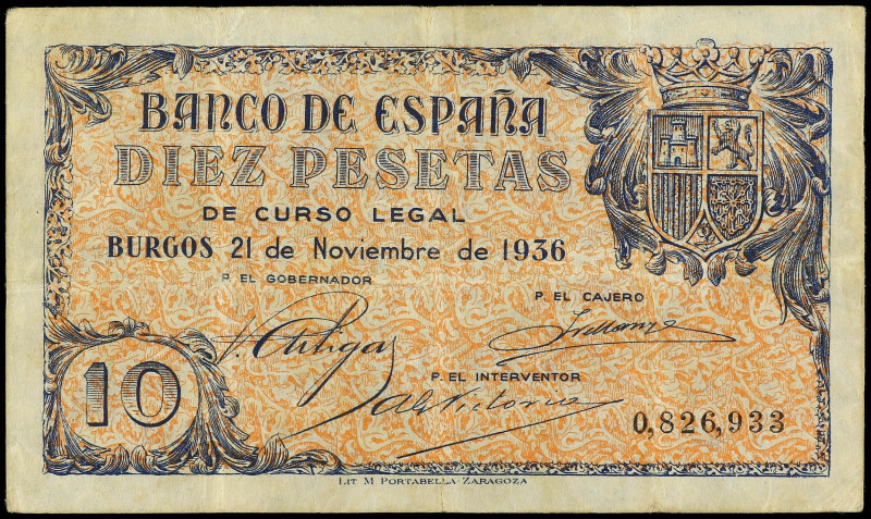 Spanish Banknotes
10 Pesetas. 21 Noviembre 1936. (Algo sucio). RARO. Ed-418. MB...