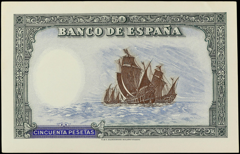 Spanish Banknotes
Prueba de reverso de un billete NO EMITIDO de 50 Pesetas. (19...