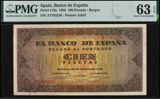 Spanish Banknotes
100 Pesetas. 20 Mayo 1938. Precintado y garantizado por PMG como 63 CHOICE UNCIRCULATED EPQ (n. 1909403-011). Casa del Cordón. Seri...