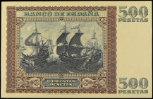 Spanish Banknotes
Prueba de reverso 500 Pesetas. 9 Enero 1940. Juan de Austria. Marco castaño, fondo negro, letras verdes. En papel con tono anaranja...