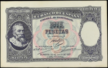 Spanish Banknotes
Prueba de anverso y reverso de un billete NO EMITIDO de 1.000 Pesetas. 18 Julio 1937. Cartulina delgada. Álvaro de Bazán. Batalla d...