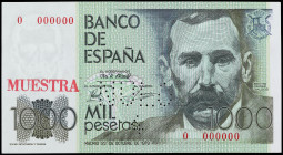 Spanish Banknotes
Muestra 1.000 Pesetas. 23 Octubre 1979. Pérez Galdós. Numeración 0 000 000. MUESTRA estampillado en rojo. NULO 4 en taladros y sin ...