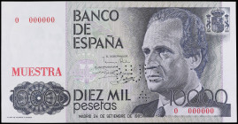 Spanish Banknotes
Muestra 10.000 Pesetas. 24 Septiembre 1985. Juan Carlos I. Numeración 0 000 000. MUESTRA estampillado en rojo. NULO 4 en taladros y...