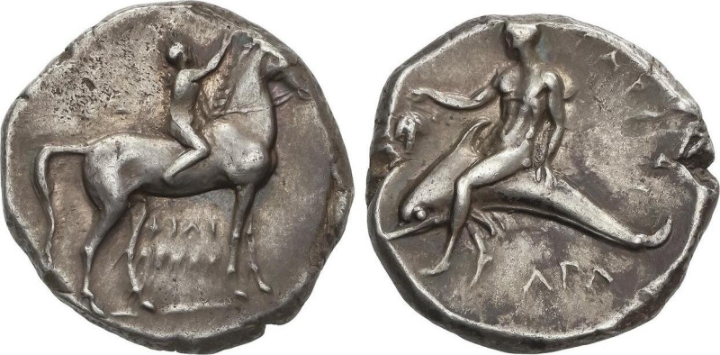 Ancient Greece
Nomos. 302-280 a.C. TARENTUM. CALABRIA. Anv.: Joven a caballo a ...