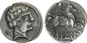 Celtiberian Coins
Denario. 150-20 a.C. ARECORATAS (ÁGREDA, Soria). Anv.: Cabeza imberbe a derecha, detrás letra ibérica Cu con punto central. Rev.: J...