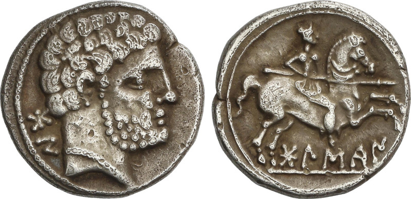 Celtiberian Coins
Denario. 180-20 a.C. BOLSCAN (HUESCA). Anv.: Cabeza barbada a...