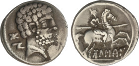Celtiberian Coins
Denario. 180-20 a. C. BOLSCAN (HUESCA). Anv.: Cabeza masculina barbada a derecha, detrás letras ibéricas BoN. Rev.: Jinete con lanz...
