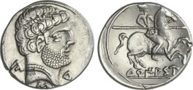 Celtiberian Coins
Denario. 120-20 a.C. TURIASO (TARAZONA, Zaragoza). Anv.: Cabeza grande barbada a derecha con letras ibéricas Ca, S y Tu. Rev.: Jine...