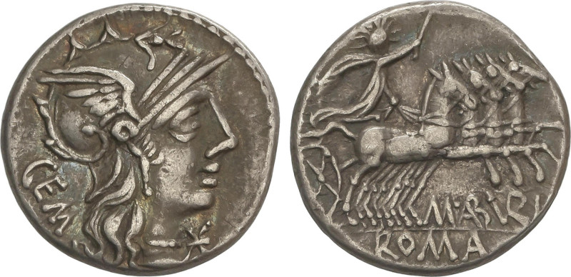 Roman Coins
Denario. 132 a.C. ABURIA. Marcius Aburius M.F. Geminus. Anv.: Cabez...