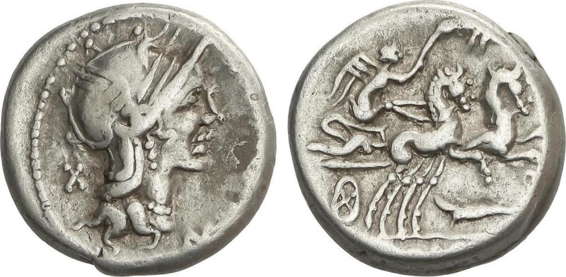 Roman Coins
Denario. 115-114 a.C. CIPIA. M. Cipius M. f. Anv.: Cabeza de Roma a...