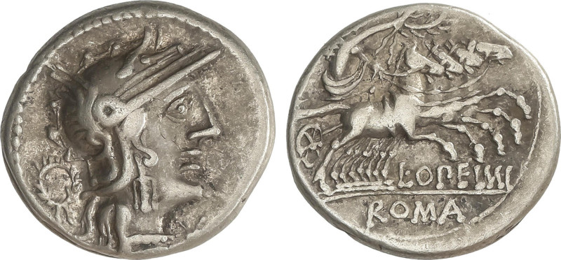 Roman Coins
Denario. 131 a.C. OPIMIA. L. Opeimius. Anv.: Cabeza de Roma a derec...