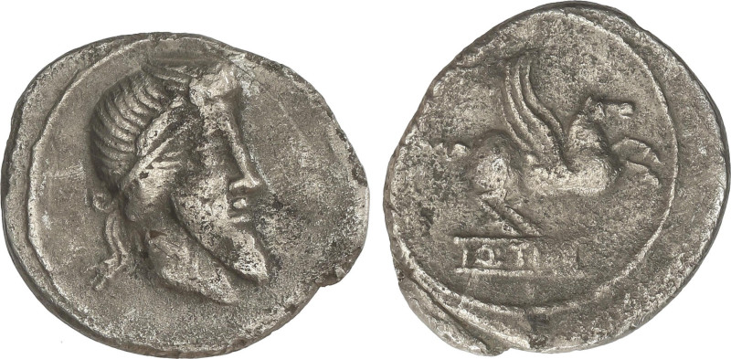 Roman Coins
Denario. 90 a.C. TITIA. Q. Titius. Anv.: Cabeza del dios Mutinus Ti...