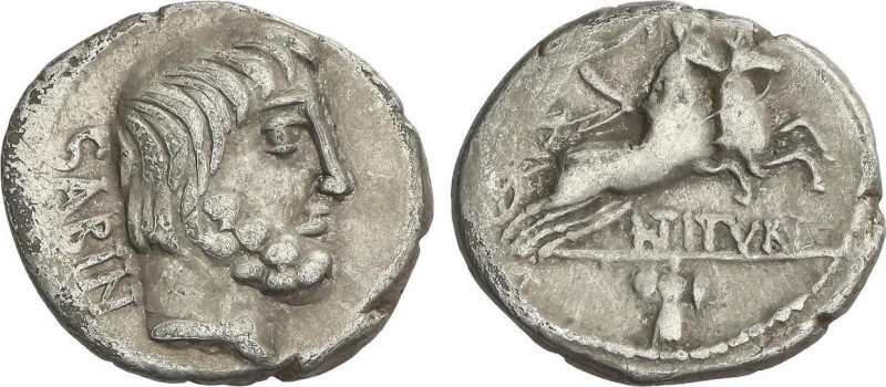 Roman Coins
Denario. 89 a.C. TITURIA. L. Titurius L. f Sabinus. Anv.: Cabeza de...