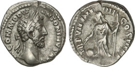 Roman Coins
Denario. 180-183 d.C. COMODO. Anv.: M. COMMODVS ANTONINVS AVG. Busto laureado a derecha. Rev.: TR. P. VII. IMP. IIII. COS. III. P. P. Pro...