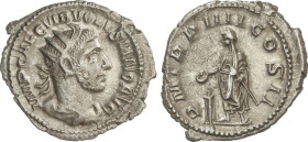 Roman Coins
Antoniniano. 253 d.C. VOLUSIANO. Rev.: P. M. TR. P. IIII COS. II. Volusiano en pie a izquierda, ceremoniando sobre un altar. 3 grs. AR. C...