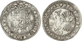 Spanish Monarchy
1 Real. GRANADA. Anv.: Escudo entre cruces sobre roel. Rev.: G en campo. 7 flechas. 3,4 grs. AC-362. MBC-.