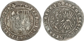 Spanish Monarchy
1 Real. SEVILLA. Anv.: Escudo entre estrellas. Rev.: Haz de 7 flechas y S. 3,36 grs. Pátina. AC-409. MBC.