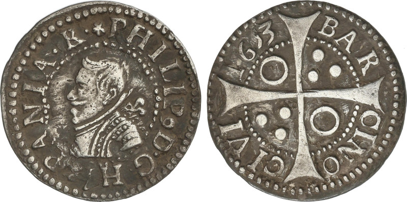 Spanish Monarchy
Croat. 1653. BARCELONA. Rev.: Anillos en 1/4. 2,57 grs. AC-667...