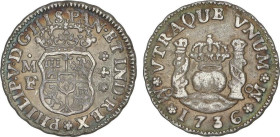 Spanish Monarchy
1/2 Real. 1736. MÉXICO. M.F. 1,64 grs. Columnario. AC-257. EBC-.
