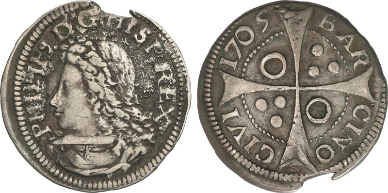 Spanish Monarchy
Croat. 1705. BARCELONA. Rev.: Anillos en 1/4. 2,66 grs. Cuño d...