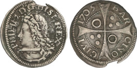 Spanish Monarchy
Croat. 1705. BARCELONA. Rev.: Anillos en 1/4. 2,66 grs. Cuño de anverso oxidado. Cospel algo faltado. AC-348. MBC+.