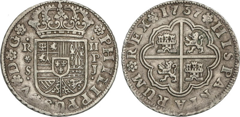 Spanish Monarchy
2 Reales. 1737. SEVILLA. P.J. 5,87 grs. Acuñación parcialmente...