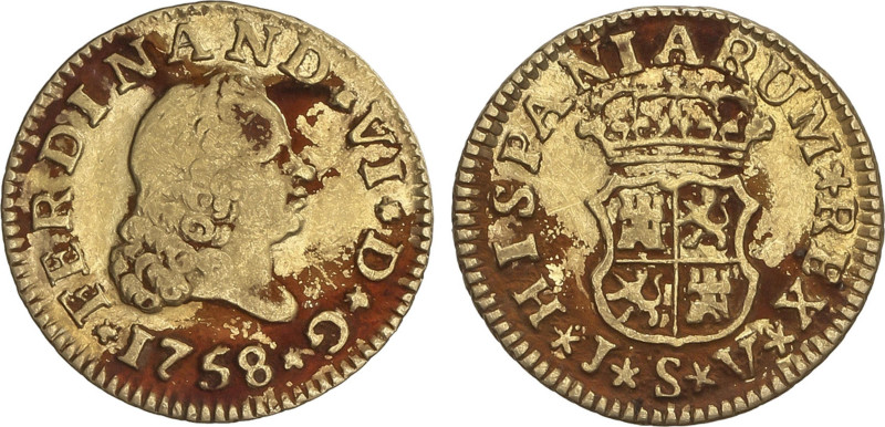 Spanish Monarchy
1/2 Escudo. 1758. SEVILLA. J.V. 1,75 grs. Cuarto busto. Pátina...