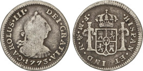 Spanish Monarchy
1/2 Real. 1773. MÉXICO. F.M. 1,62 grs. Ceca y ensayadores invertidos. ESCASA. AC-193. MBC-.