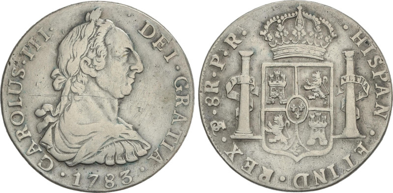 Spanish Monarchy
8 Reales. 1783. POTOSI. P.R. 26,59 grs. (Rayitas de limpieza)....