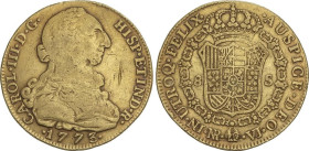 Spanish Monarchy
8 Escudos. 1773/2. NUEVO REINO. V.J. 26,84 grs. Rayita en anverso. AC-2097 var; XC-867 var. MBC-.