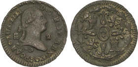 Spanish Monarchy
2 Maravedís. 1803. SEGOVIA. 2,31 grs. Hojitas en anverso. AC-38. MBC+.