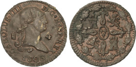 Spanish Monarchy
4 Maravedís. 1803. SEGOVIA. 5,25 grs. Golpecito en gráfila del anverso. AC-57. MBC+.