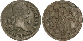Spanish Monarchy
4 Maravedís. 1807. SEGOVIA. 5,05 grs. Con solo un punto detrás de Rex. AC-61. MBC.