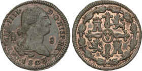 Spanish Monarchy
8 Maravedís. 1803. SEGOVIA. 11,32 grs. Restos de brillo original. AC-80. EBC.