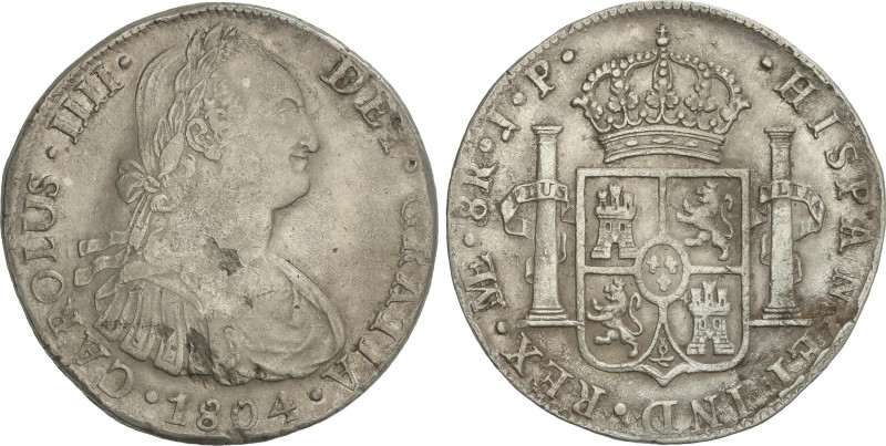 Spanish Monarchy
8 Reales. 1804. LIMA. J.P. 26,8 grs. Hojita y oxidaciones limp...