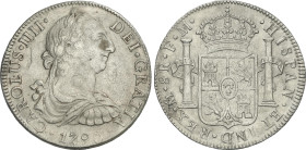 Spanish Monarchy
8 Reales. 1790. MÉXICO. F.M. 26,42 grs. Rayitas y leves oxidaciones.. Busto de Carlos III, ordinal IIII. ESCASA. AC-952. MBC+.
