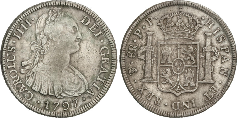 Spanish Monarchy
8 Reales. 1797. POTOSÍ. P.P. 26,79 grs. Rayitas, acuñación flo...