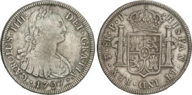 Spanish Monarchy
8 Reales. 1797. POTOSÍ. P.P. 26,79 grs. Rayitas, acuñación floja. AC-1001. MBC-.