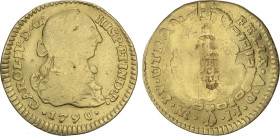 Spanish Monarchy
1 Escudo. 1790. NUEVO REINO. J.J. 3,22 grs. Busto de Carlos III. Ordinal IV. (Descolgada). AC-1196. BC.