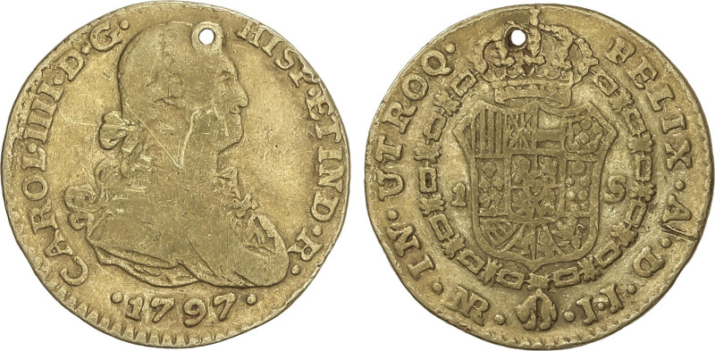 Spanish Monarchy
1 Escudo. 1797. NUEVO REINO. J.J. 3,29 grs. (Perforación y ray...